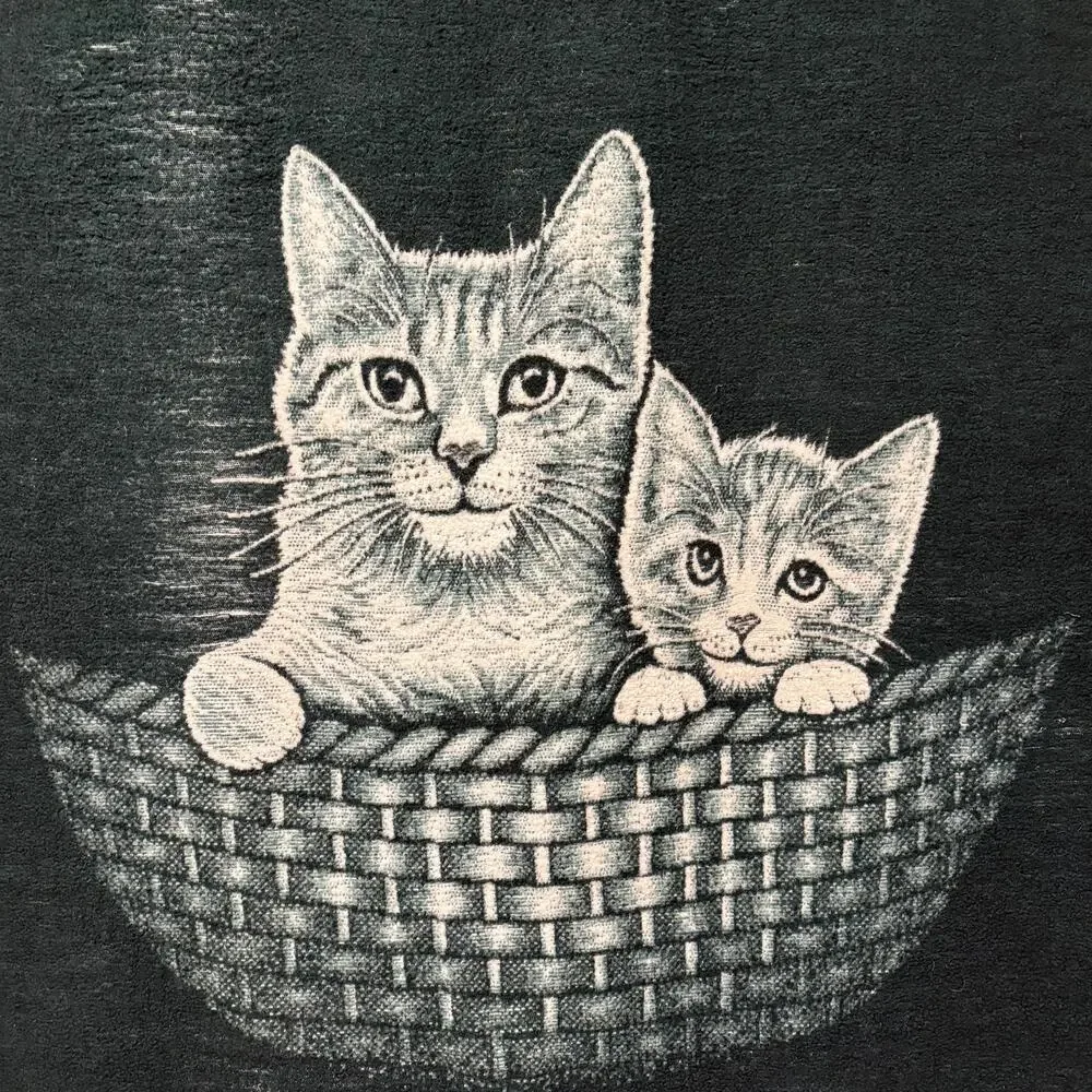 Vtg 90s Biederlack cats in a basket blanket - green & white country cottage core